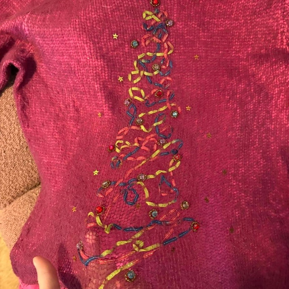 Acorn cute pink Christmas sweater with ribbon tree and‎ beads med - Picture 4 of 7